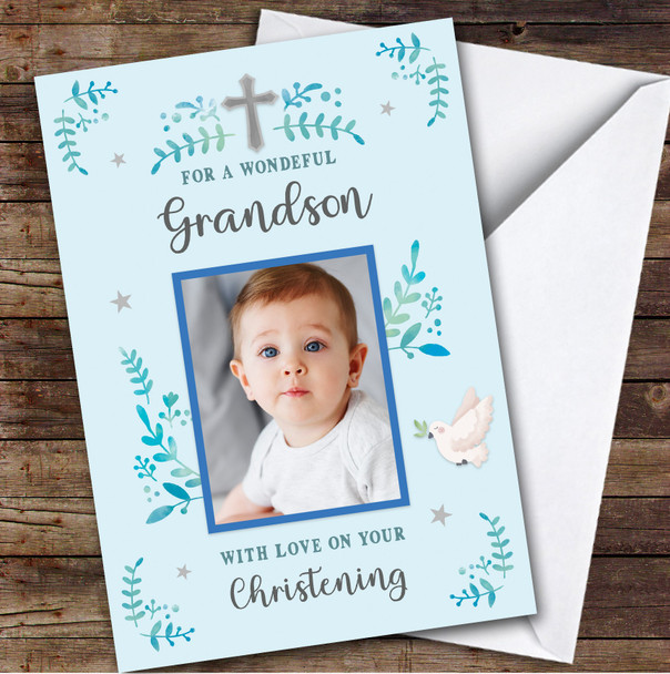 Personalised Christening Day Card For Grandson Photo Dove Blue