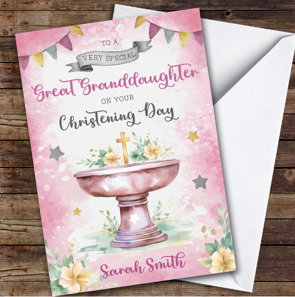 Personalised Christening Day Card For Great Granddaughter Cross Font Pink