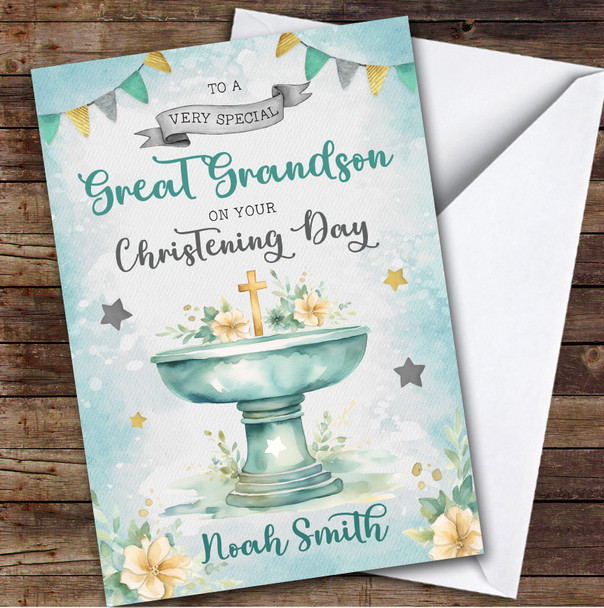 Personalised Christening Day Card For Great Grandson Cross Font Green