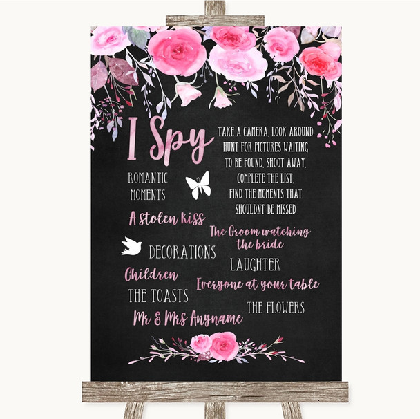 Chalk Style Watercolour Pink Floral I Spy Disposable Camera Wedding Sign