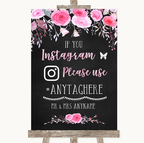 Chalk Style Watercolour Pink Floral Instagram Hashtag Personalised Wedding Sign