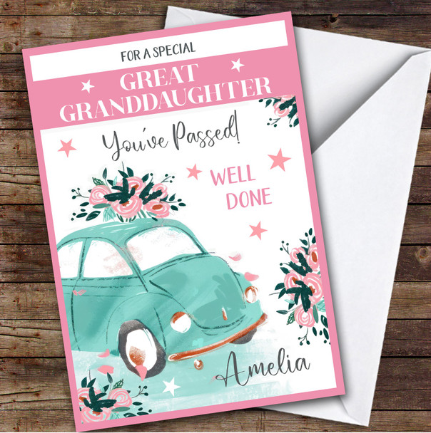 Personalised Passed Driving Test Card For Great Granddaughter Car Flowers Pink