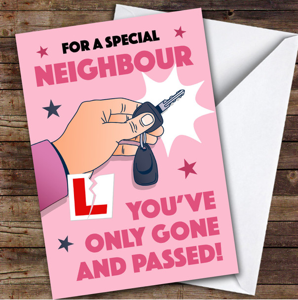 Personalised Passed Driving Test Card For Neighbour Car Key Pink