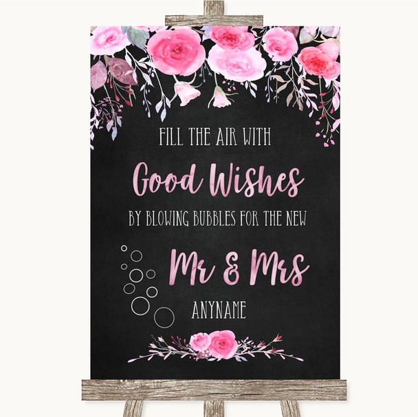 Chalk Style Watercolour Pink Floral Blow Bubbles Personalised Wedding Sign