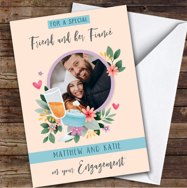 Personalised Engagement Card For Friend And Her Fiance Photo Ring Flowers Flute