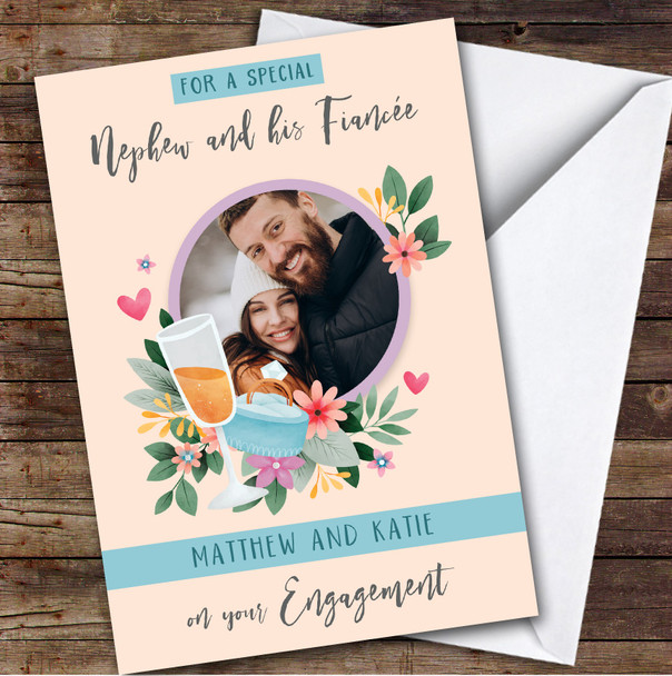 Personalised Engagement Card For Nephew And His Fiancee Photo Ring Flowers Flute