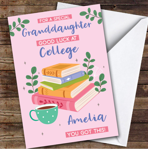 Personalised Off To College Card For Granddaughter Books Mug Pink