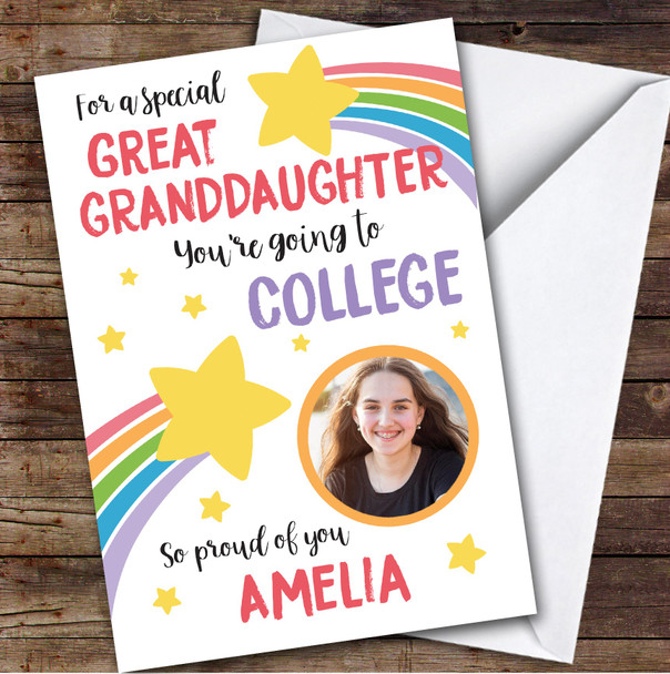Personalised Off To College Card For Great Granddaughter Photo Rainbow Star