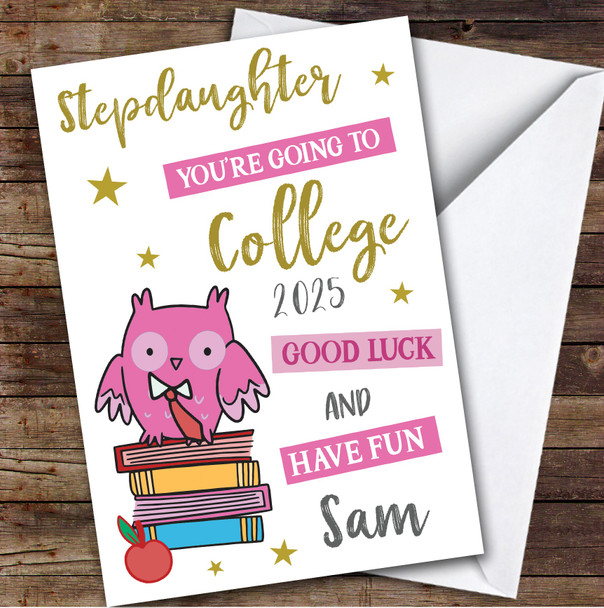Personalised Off To College Card For Stepdaughter Pink Owl