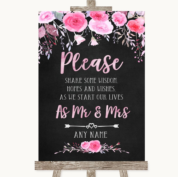 Chalk Style Watercolour Pink Floral Share Your Wishes Personalised Wedding Sign