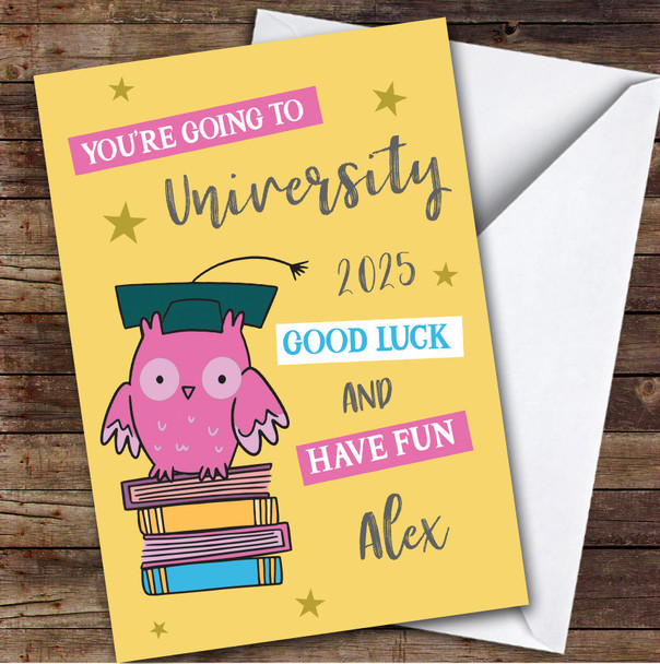 Personalised Off To University Card For Anyone Pink Owl
