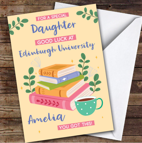 Personalised Off To University Card For Daughter Books Mug Yellow