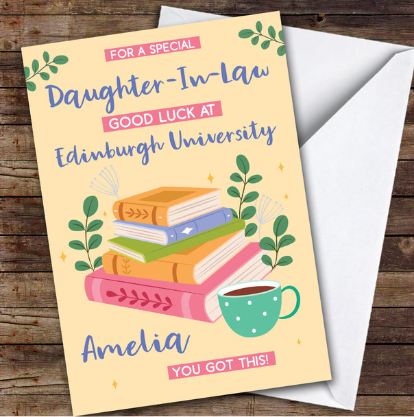 Personalised Off To University Card For Daughter-In-Law Books Mug Yellow