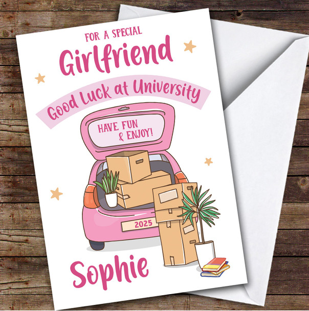 Personalised Off To University Card For Girlfriend Pink Car Moving Boxes