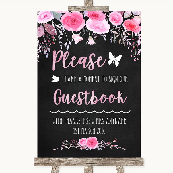 Chalk Watercolour Pink Floral Take A Moment To Sign Our Guest Book Wedding Sign