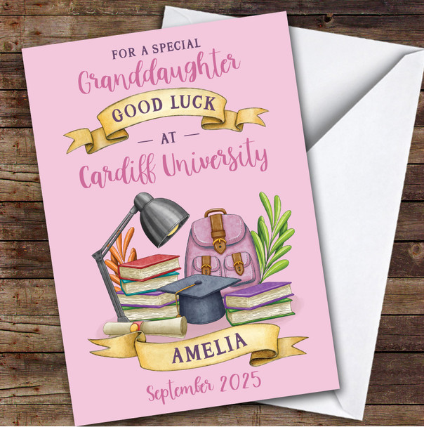Personalised Off To University Card For Granddaughter Pink Book Backpack