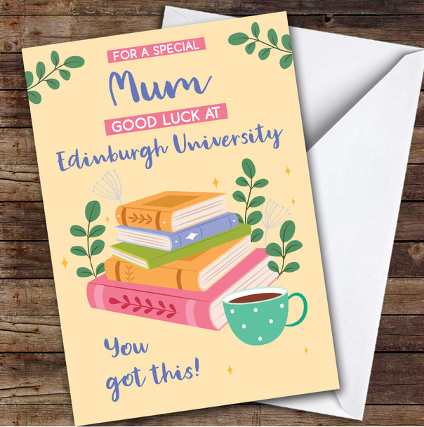 Personalised Off To University Card For Mum Books Mug Yellow
