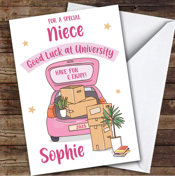 Personalised Off To University Card For Niece Pink Car Moving Boxes