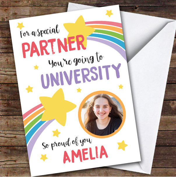 Personalised Off To University Card For Partner Photo Rainbow Star