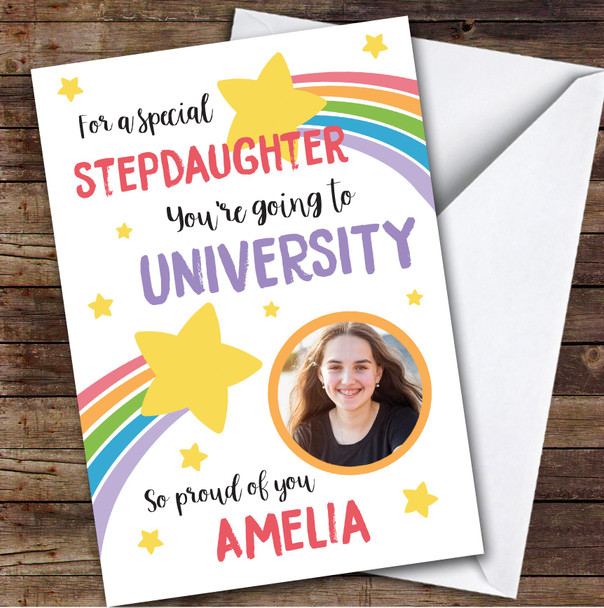Personalised Off To University Card For Stepdaughter Photo Rainbow Star