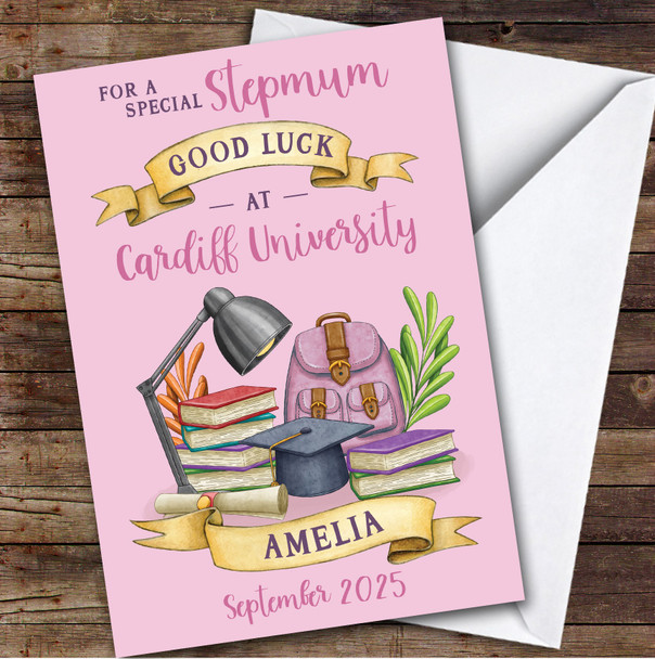 Personalised Off To University Card For Stepmum Pink Book Backpack