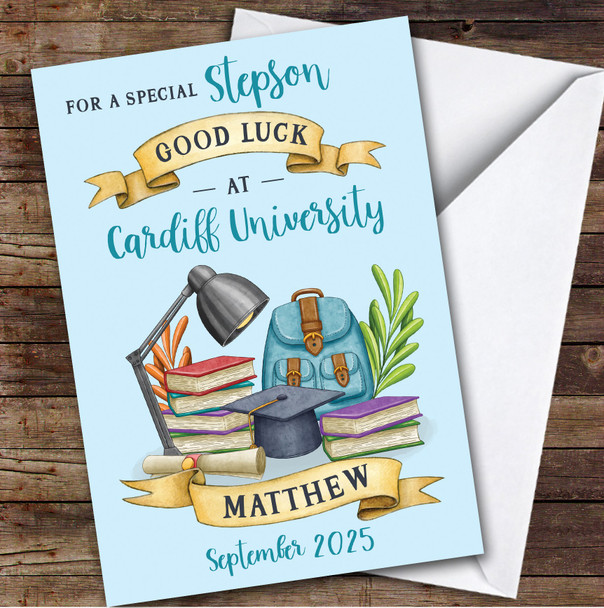 Personalised Off To University Card For Stepson Blue Book Backpack