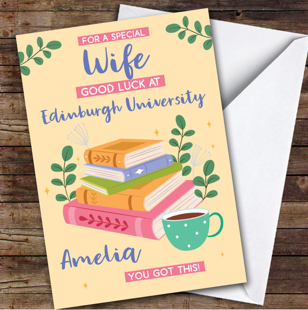 Personalised Off To University Card For Wife Books Mug Yellow