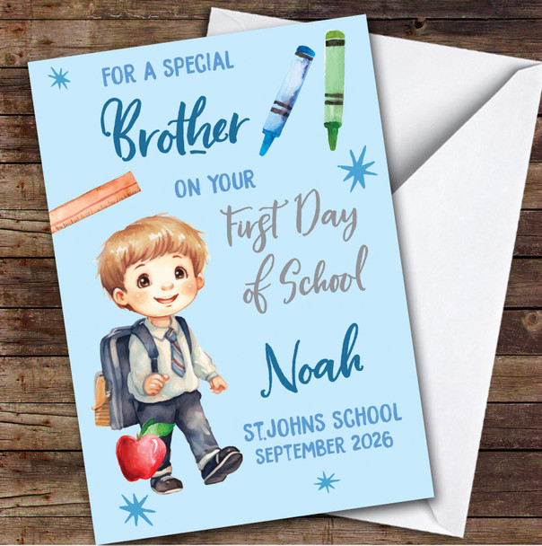 Personalised First Day Of School Card For Brother School Card For Boy Blue
