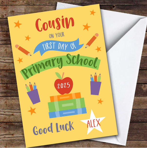 Personalised First Day Of School Card For Cousin Primary Yellow