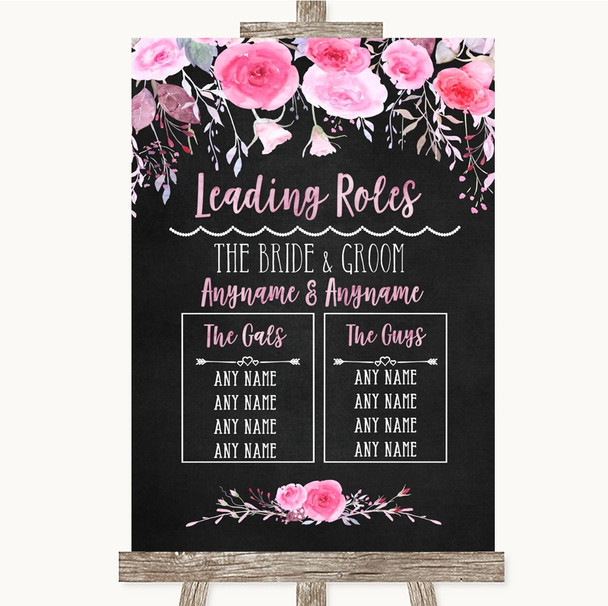 Chalk Style Watercolour Pink Floral Who's Who Leading Roles Wedding Sign