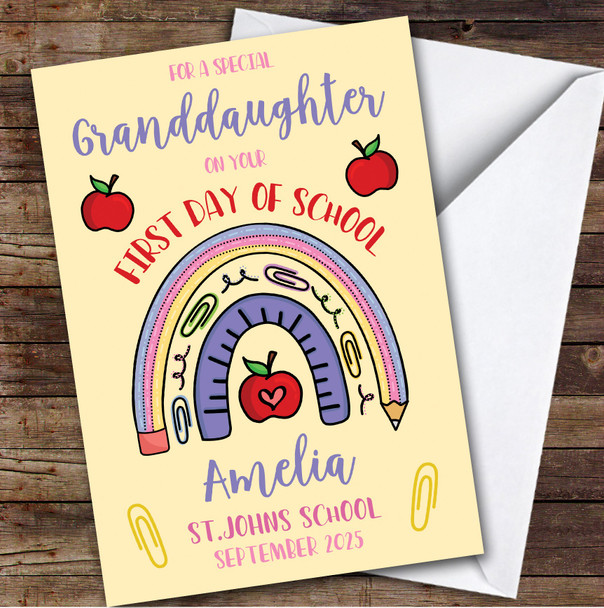 Personalised First Day Of School Card For Granddaughter Rainbow Pencil Yellow