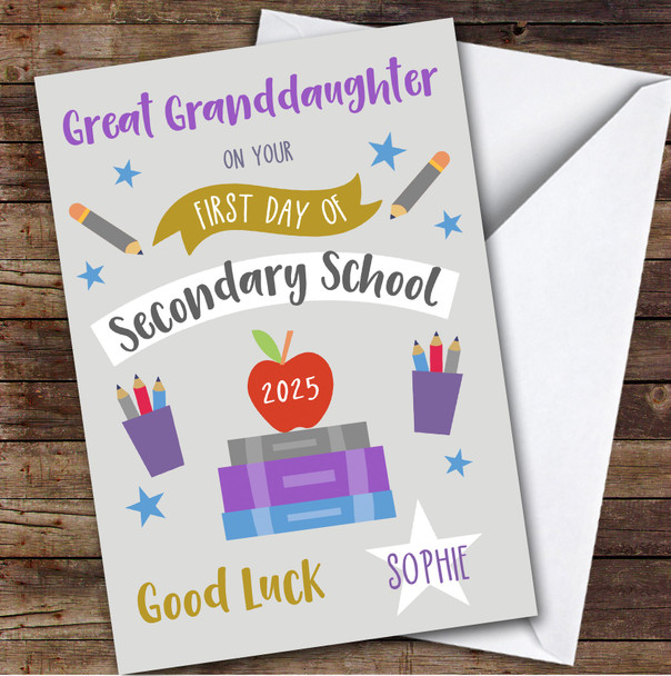 Personalised First Day Of School Card For Great Granddaughter Secondary Grey