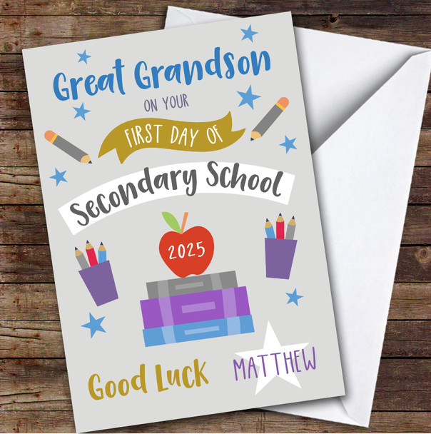 Personalised First Day Of School Card For Great Grandson Secondary Grey