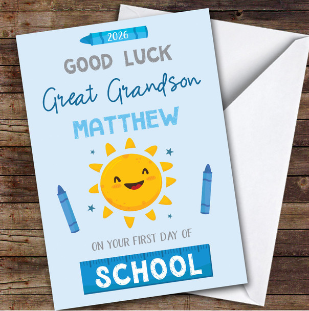 Personalised First Day Of School Card For Great Grandson Sun Blue Crayon