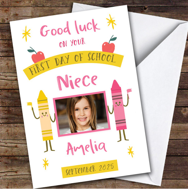 Personalised First Day Of School Card For Niece Photo Pink Yellow Crayon