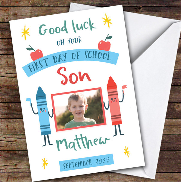 Personalised First Day Of School Card For Son Photo Blue Red Crayon Personalised First Day Of School Card For Son Photo Blue Red Crayon