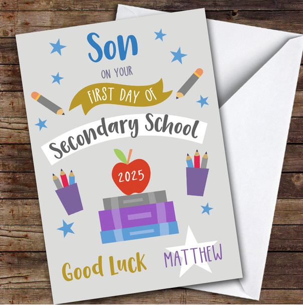 Personalised First Day Of School Card For Son Secondary Grey