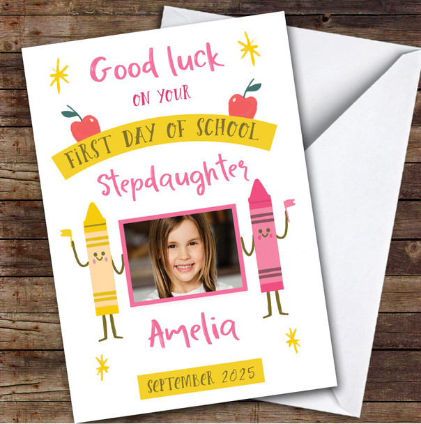Personalised First Day Of School Card For Stepdaughter Photo Pink Yellow Crayon