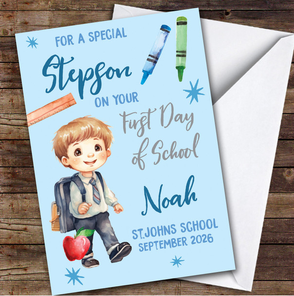 Personalised First Day Of School Card For Stepson School Card For Boy Blue