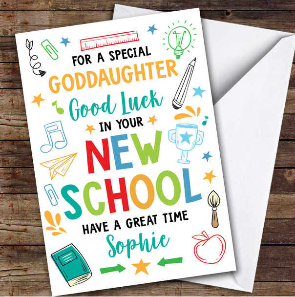 Personalised Going To New School Card For Goddaughter Bright Doodle