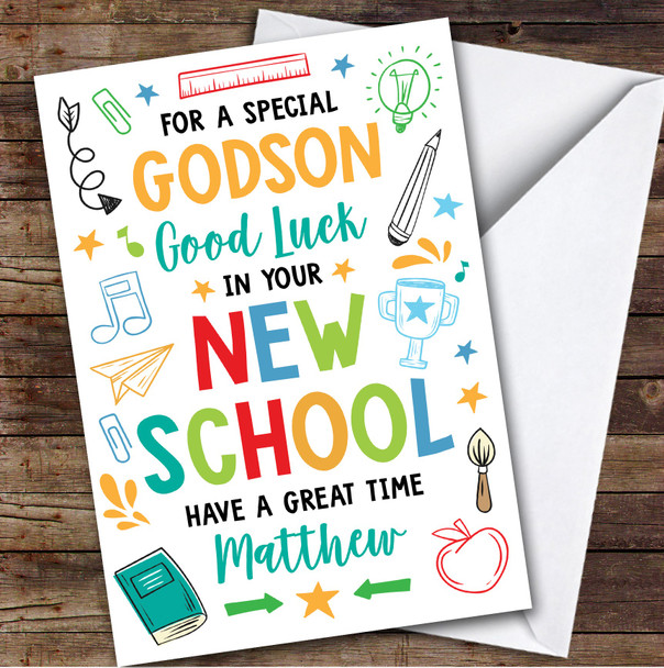 Personalised Going To New School Card For Godson Bright Doodle