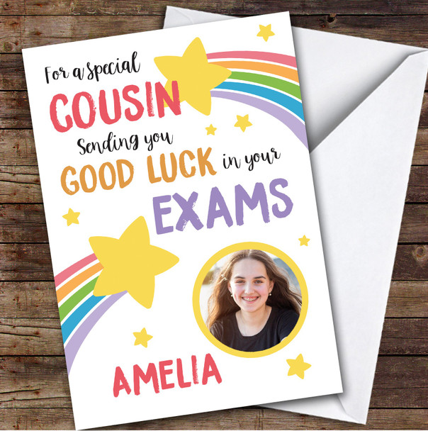Personalised Good Luck In Exams Card For Cousin Photo Rainbow Star