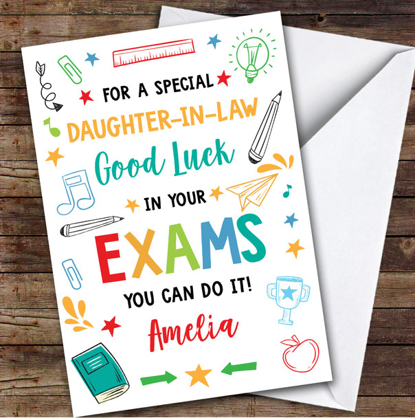 Personalised Good Luck In Exams Card For Daughter-In-Law Bright Doodle