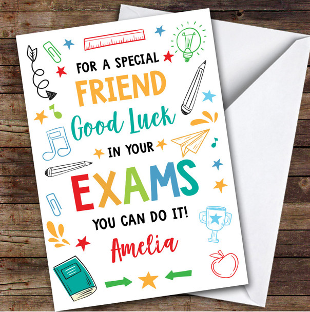 Personalised Good Luck In Exams Card For Friend Bright Doodle