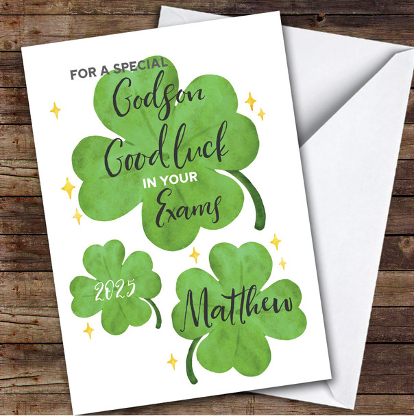 Personalised Good Luck In Exams Card For Godson Lucky Clover