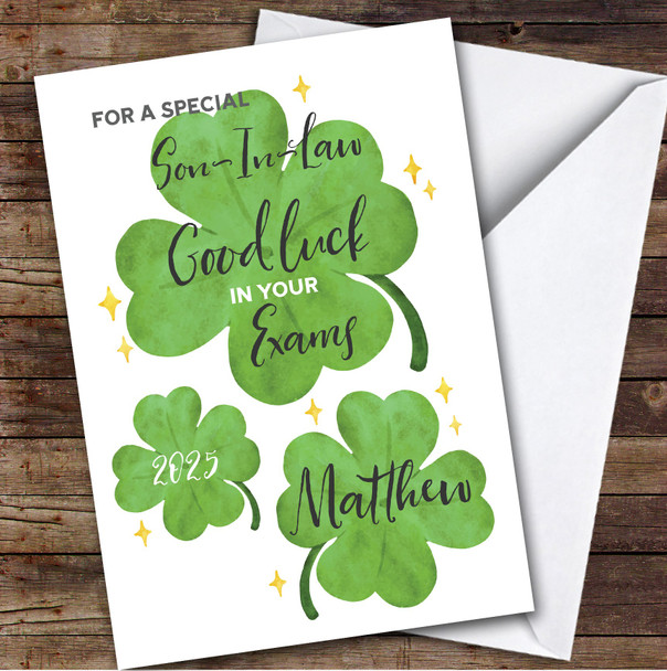 Personalised Good Luck In Exams Card For Son-In-Law Lucky Clover