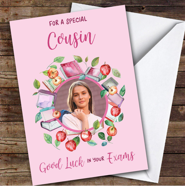 Personalised Good Luck In Your Exams Card For Cousin Photo Apple Books Pink