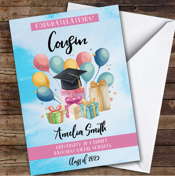 Personalised Graduation Card For Cousin Balloons Gift Blue