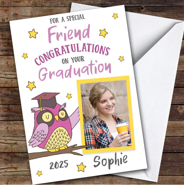 Personalised Graduation Card For Friend Photo Pink Owl