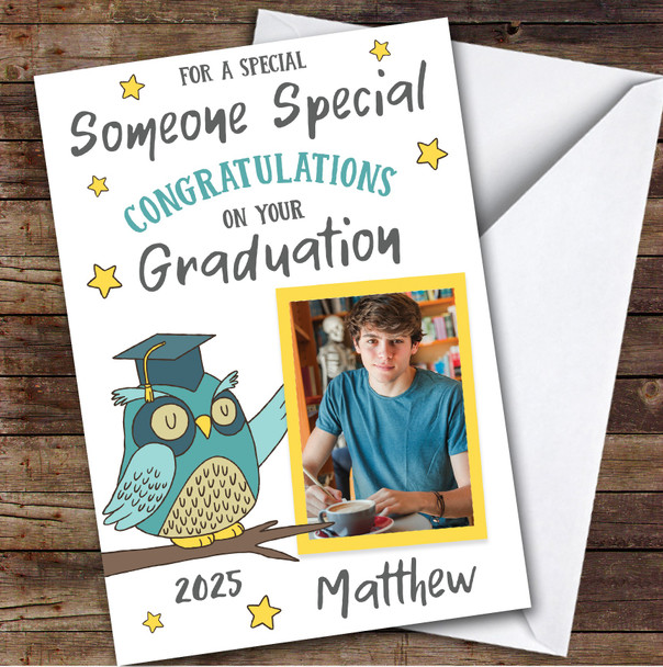 Personalised Graduation Card For Someone Special Photo Green Owl
